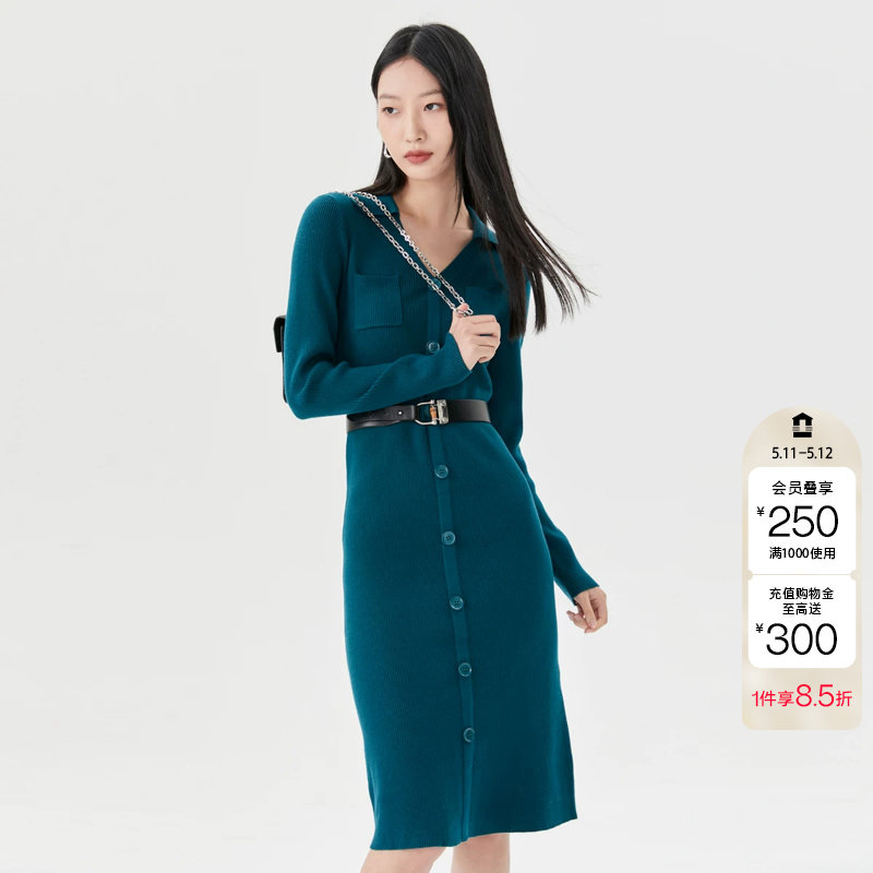绫致Vero Moda连衣裙秋冬针织中长裙H版长袖V领直筒女时尚潮