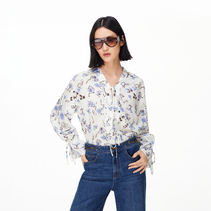 绫致Vero Moda衬衫女2026春季新款法式印花系带宽松衬衫温柔雅致