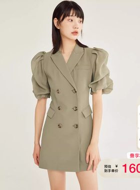 tq区绫致Vero Moda连衣裙秋冬新款泡泡袖双排扣拼接西式女士