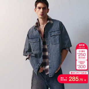 jq区绫致杰克琼斯男夏潮酷高街尖领贴袋宽松休闲牛仔短袖 上衣 衬衫