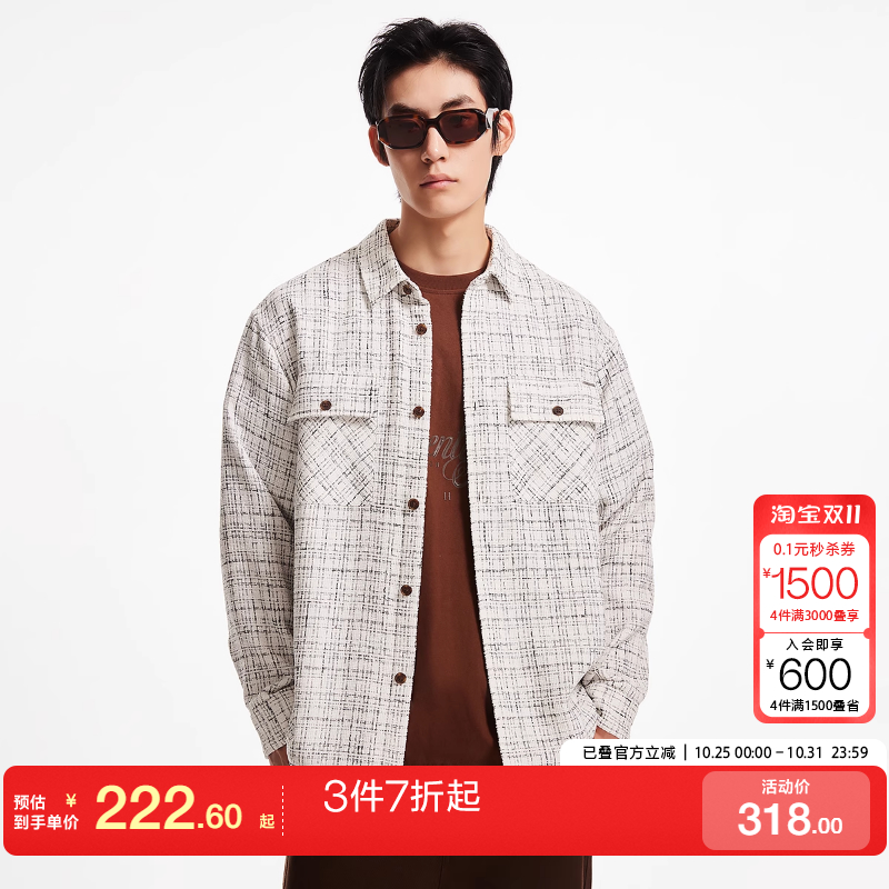 v区绫致杰克琼斯春季宽松翻领格纹花呢时尚潮百搭长袖衬衫夹克男