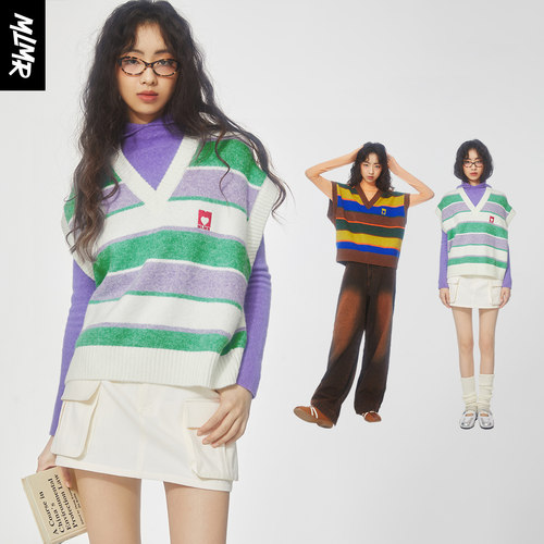 绫致MLMR多巴胺穿搭女条纹针织背心甜辣小上衣糖果色马甲百搭