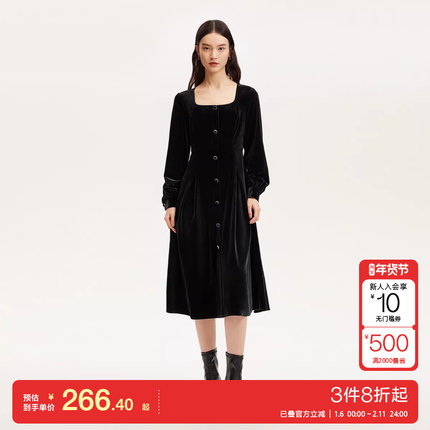 v区绫致Vero Moda连衣裙女秋冬丝绒收腰纽扣连衣裙气质