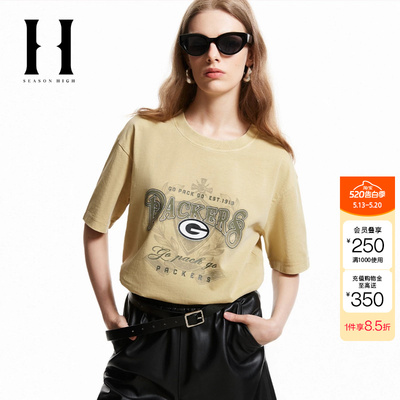绫致SEASONHIGH女短袖T恤圆领胸口绿湾包装工队立体Logo女