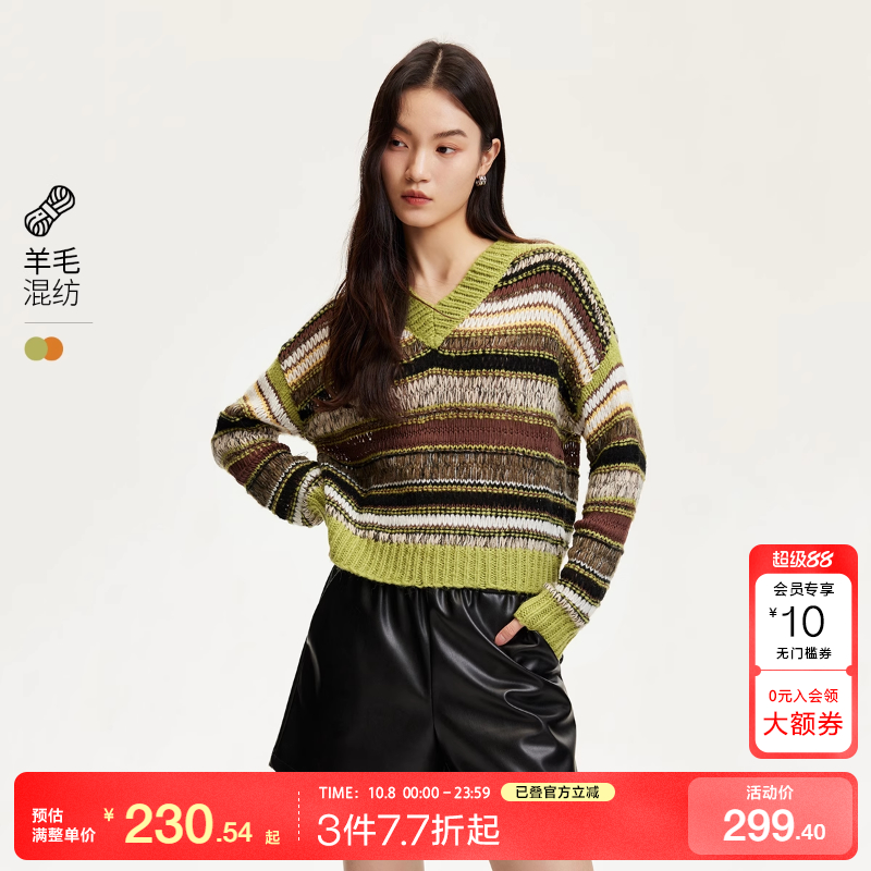 vq区绫致Vero Moda针织衫女24秋含羊毛撞色条纹钩针镂空V领针织衫