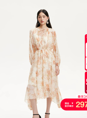 vq区绫致Vero Moda连衣裙夏季新款V领碎花捏褶拼接裙摆收腰