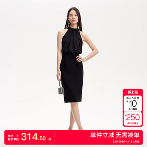 绫致Vero Moda连衣裙25春夏挂脖系带褶皱雪纺拼接宴会礼服裙