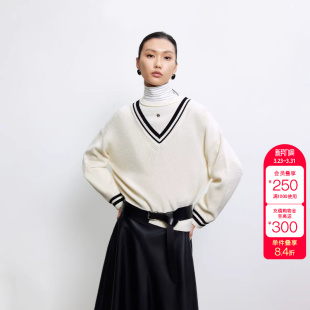 女 航海系撞色V领宽松假两件针织衫 绫致ONLY冬季 新款