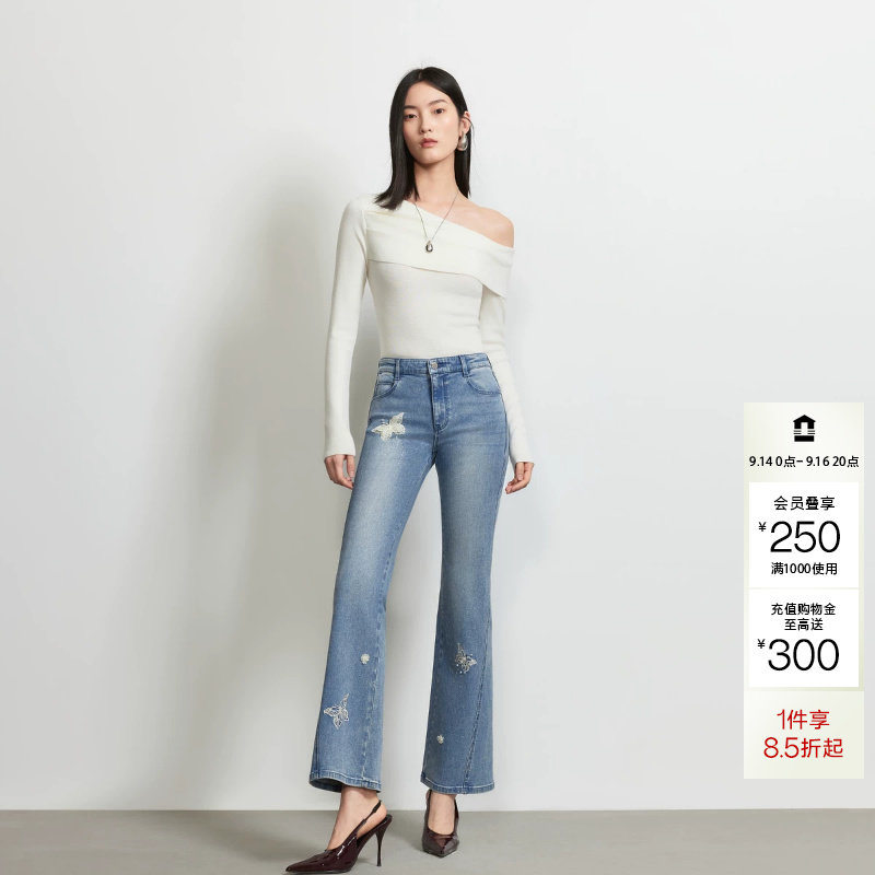 绫致Vero Moda牛仔裤女2026秋季新款蕾丝绣花烫钻钉珠微喇九分裤图片