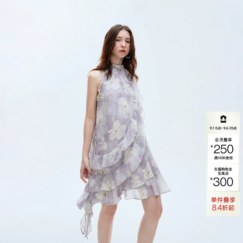 绫致ONLY夏季新款淑女挂脖圆领荷叶边短裙碎花连衣裙女图片