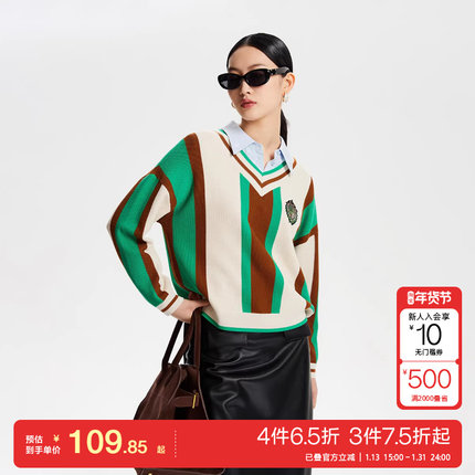 t区绫致Vero Moda针织衫女秋冬V领落肩拼色休闲学院风潮流