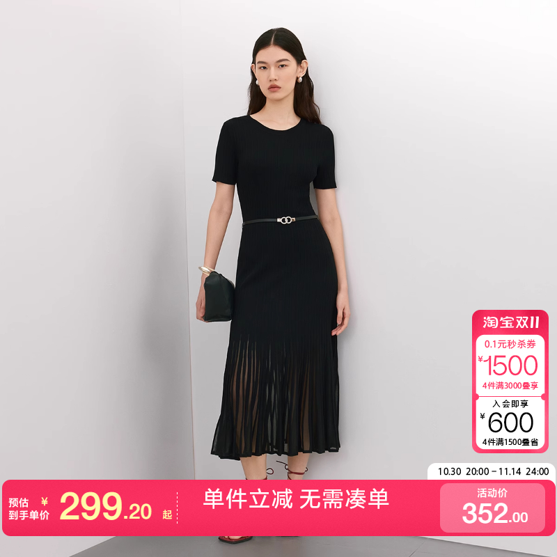 绫致Vero Moda连衣裙25夏新简约纯色圆领透纱拼接长裙气质