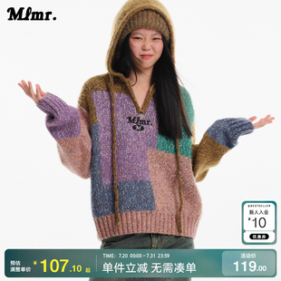 MLMR秋季 复古风连帽刺绣装 饰衣身混色沙线提花针织衫 毛衣女装