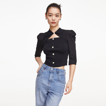 tq区绫致Vero Moda针织衫女秋冬优雅拼接镂空罗纹上衣