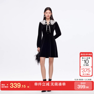 绫致Vero Moda连衣裙25秋冬可拆蕾丝披肩高腰显瘦丝绒裙气质