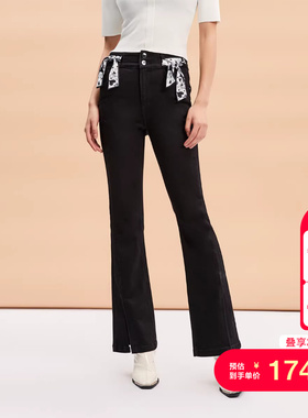 tq区绫致VeroModa牛仔裤女秋冬黑色高腰丝带开叉微喇裤时尚