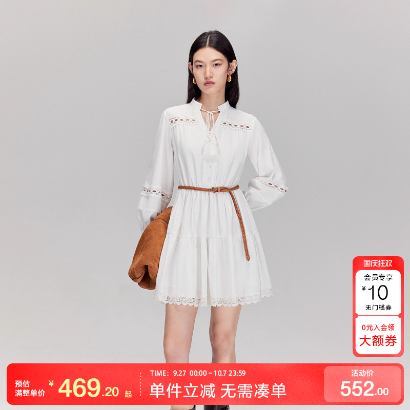 绫致Vero Moda连衣裙25秋冬纯棉收腰A字镂空灯笼袖蕾丝短裙