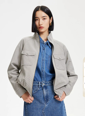 tq区绫致Vero Moda棉服女春季松紧下摆格纹学院风外套