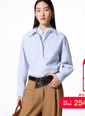 vq区绫致Vero Moda衬衫女25春夏木耳边可拆卸领带MIU系条纹蓝衬衫