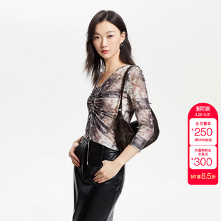 个性 绫致Vero 抽绳短款 修身 潮街头 ModaT恤女秋冬V领七分袖