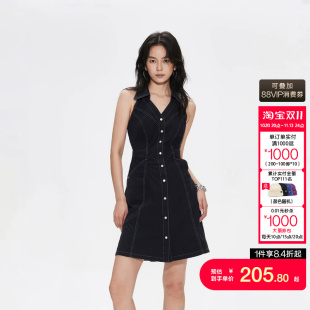 绫致ONLY秋冬新款V字翻领挂脖高腰露背牛仔连衣裙女