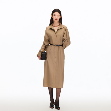 绫致Vero Moda连衣裙2025新款含棉捏褶腰带开衩收腰中长裙