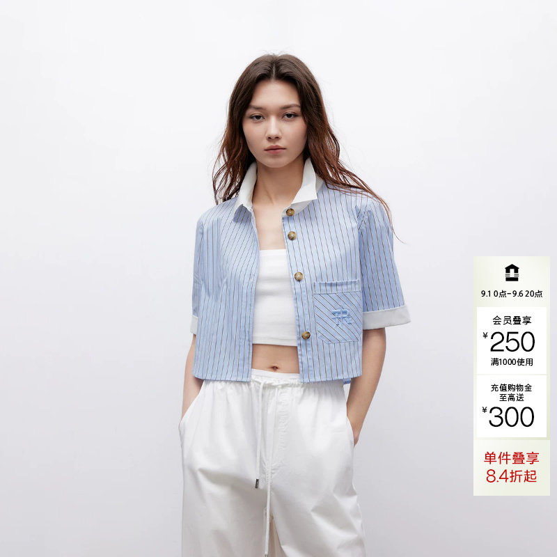绫致ONLY夏季新款经典百搭撞色条纹直筒短款衬衫女图片