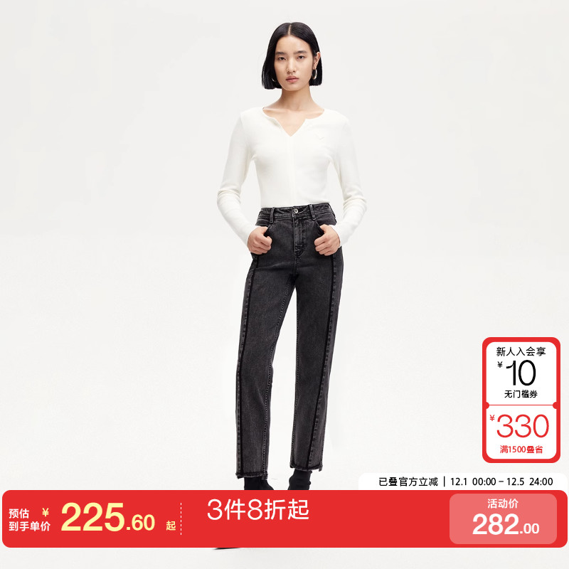 v区绫致Vero Moda牛仔裤女秋冬字母水洗磨白九分裤中腰显瘦