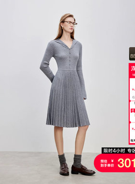 绫致ONLY秋冬新款气质纯色长袖针织百褶裙中长裙连衣裙女