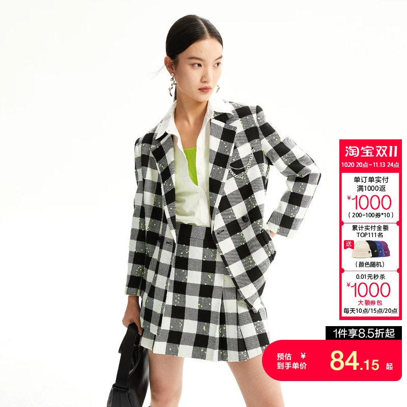 t区绫致Vero Moda西服秋冬新可爱少女格纹图案长袖外套女