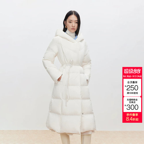 绫致ONLY冬季新款90白鸭绒纯色连帽宽松长款羽绒服女