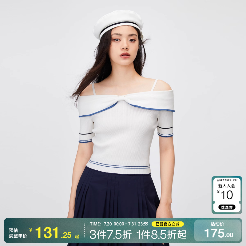 tq区绫致ONLY2024秋冬新款通勤风一字领蝴蝶结修身短款针织衫女潮