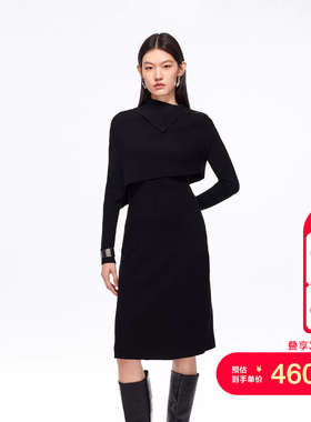 vq区绫致Vero Moda连衣裙25秋冬含绵羊毛桑蚕丝可拆卸披肩小黑裙