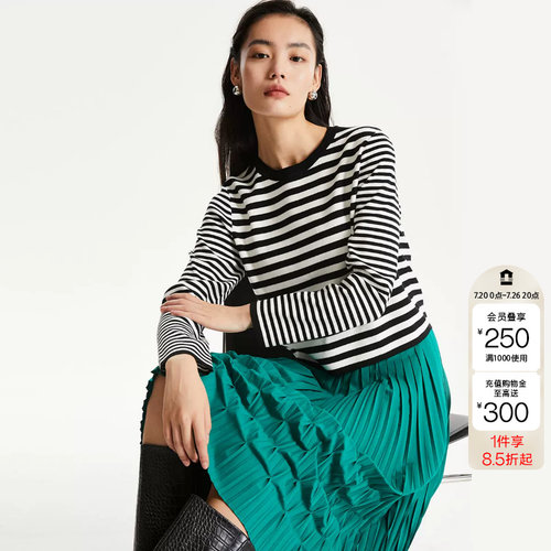 tq区绫致CoutureMade针织衫女秋冬直身圆领条纹拼接休闲
