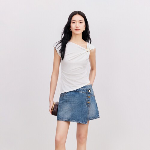v区绫致Vero Moda牛仔裤女2026夏季斜襟三扣A字甜辣裙裤时髦复古