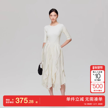 绫致Vero Moda连衣裙2025秋冬新款层叠裙摆拼接收腰中长裙