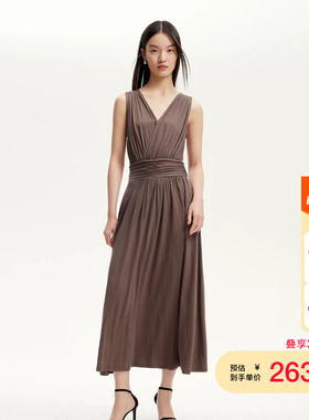 vq区绫致Vero Moda连衣裙女夏季大V领褶皱高腰无袖显瘦连衣裙