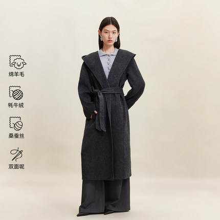 v区绫致Vero Moda毛呢大衣25秋冬含绵羊毛桑蚕丝连帽腰带双面呢