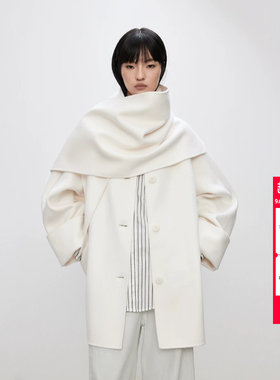 绫致ONLY秋季新款温柔廓形圆领双面呢披肩毛呢大衣女