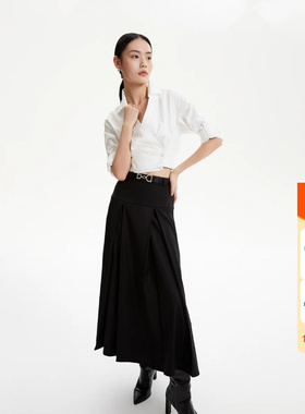 t区绫致Vero Moda半裙春夏黑色自带腰带百褶长裙女