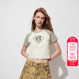 T恤女时尚 短款 上衣 圆领修身 绫致ONLY春夏潮撞色插肩袖