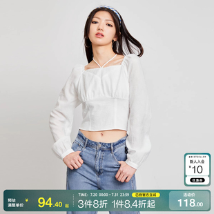 潮 o区绫致ONLY25春夏新甜美百搭泡泡袖 方领短款 雪纺衫 女时尚