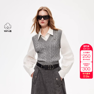 绫致ONLY冬季 女 拼接设计假两件叠穿马甲翻领绞花纯棉衬衫