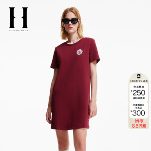 绫致SEASONHIGH女秋季连衣裙直筒罗纹圆领假两件胸前刺绣女装