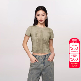 T恤女潮上衣 短袖 绫致ONLY春夏新休闲时尚 复古印花螺纹修身