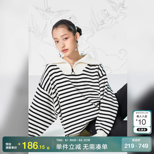 Moda条纹针织衫 绫致Vero 女2024秋冬chic上衣polo领绵羊毛毛衣