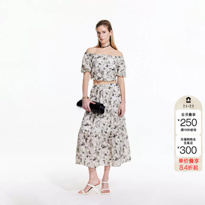 绫致ONLY夏季新款印花松紧泡泡袖套装中长款连衣裙女