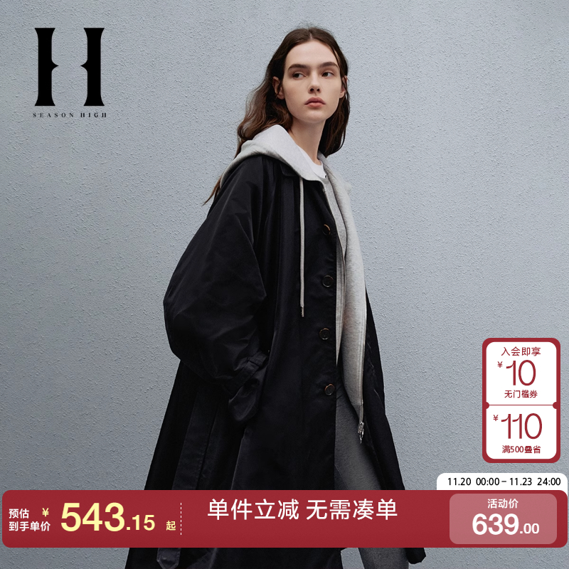 绫致SEASONHIGH秋女风衣翻领插肩袖拉链口袋可调节腰带外套女