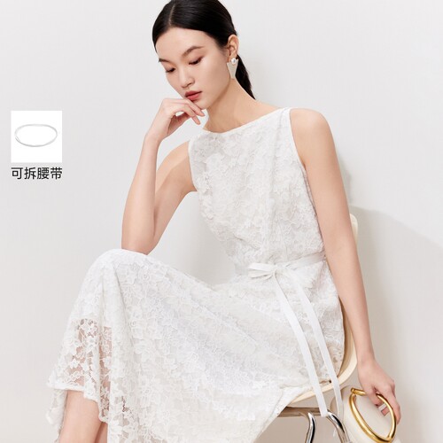 vq区绫致Vero Moda连衣裙26夏季一字方领蕾丝镂空腰绳无袖A字长裙