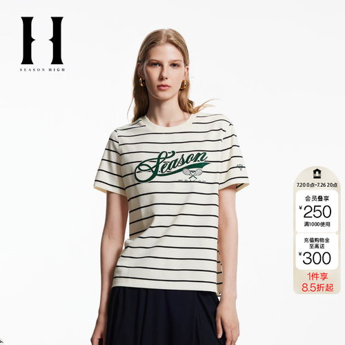 绫致SEASON HIGH秋季常规圆领肌理感字母贴布装饰T恤女装